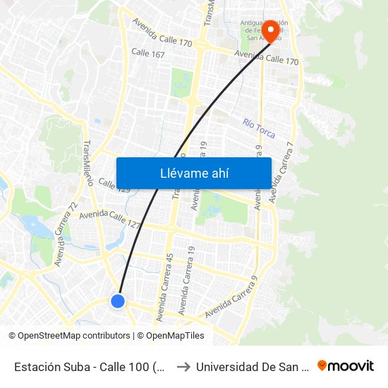 Estación Suba - Calle 100 (Ac 100 - Kr 62) (C) to Universidad De San Buenaventura map