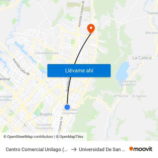 Centro Comercial Unilago (Ak 15 - Cl 77) (B) to Universidad De San Buenaventura map