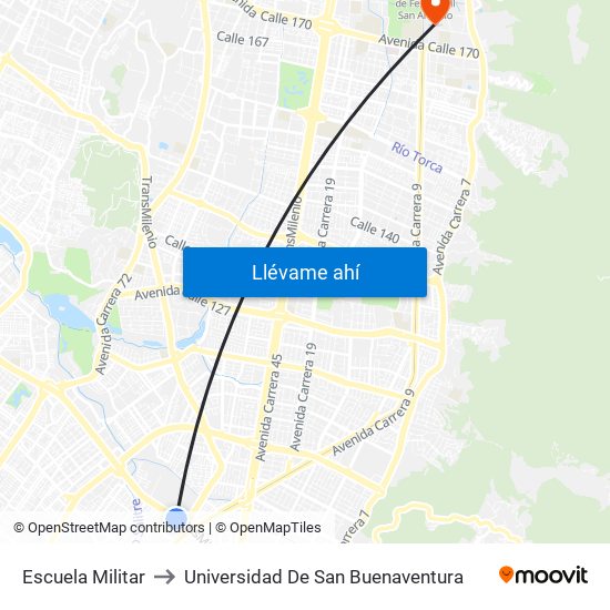 Escuela Militar to Universidad De San Buenaventura map