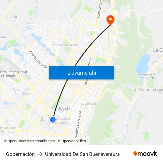 Gobernación to Universidad De San Buenaventura map