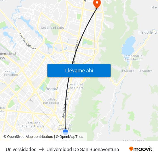 Universidades to Universidad De San Buenaventura map