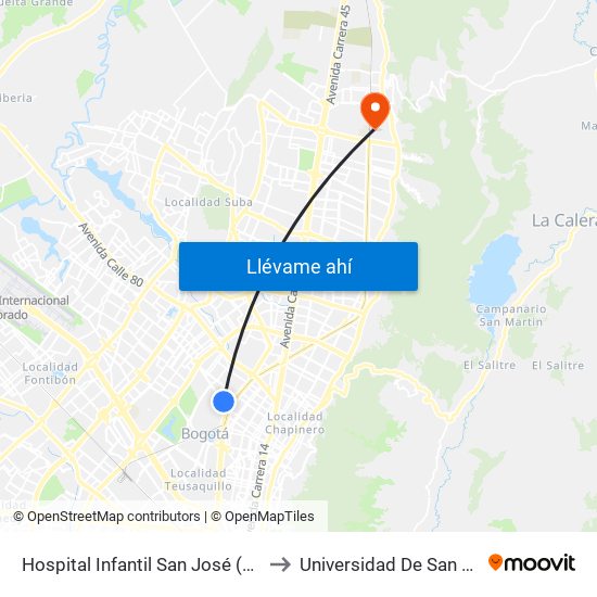 Hospital Infantil San José (Ac 68 - Kr 52) (B) to Universidad De San Buenaventura map