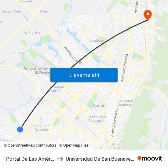 Portal De Las Américas to Universidad De San Buenaventura map