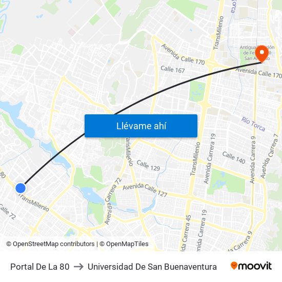 Portal De La 80 to Universidad De San Buenaventura map