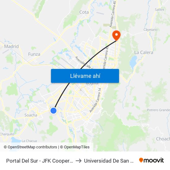 Portal Del Sur - JFK Cooperativa Financiera to Universidad De San Buenaventura map