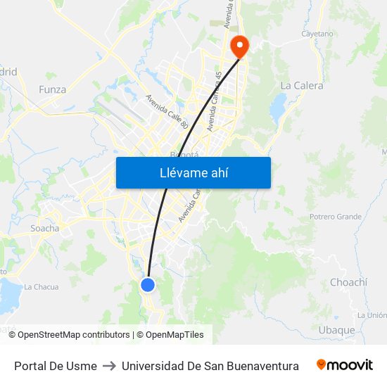 Portal De Usme to Universidad De San Buenaventura map