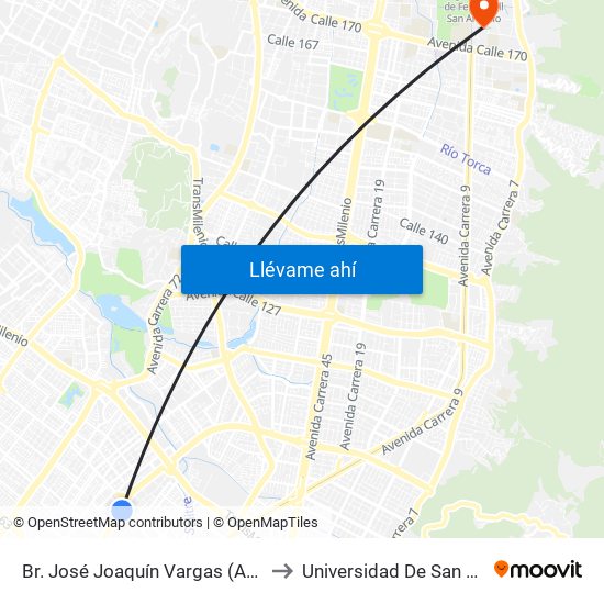 Br. José Joaquín Vargas (Ak 68 - Cl 67g) (A) to Universidad De San Buenaventura map