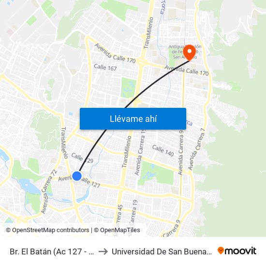 Br. El Batán (Ac 127 - Kr 57) to Universidad De San Buenaventura map