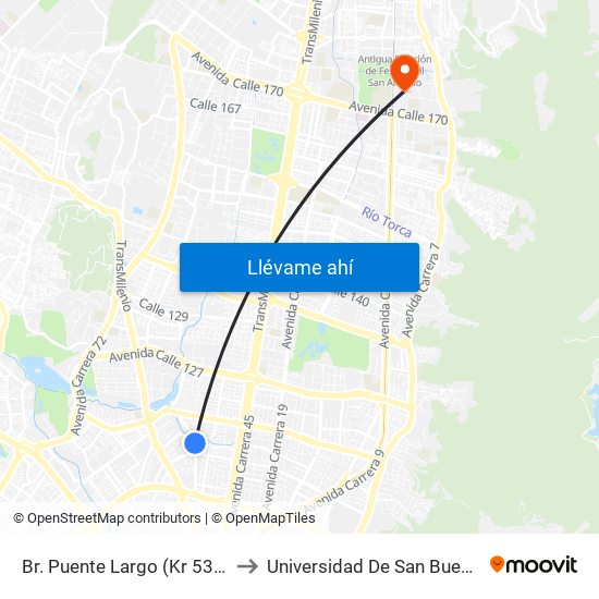 Br. Puente Largo (Kr 53 - Cl 107) to Universidad De San Buenaventura map