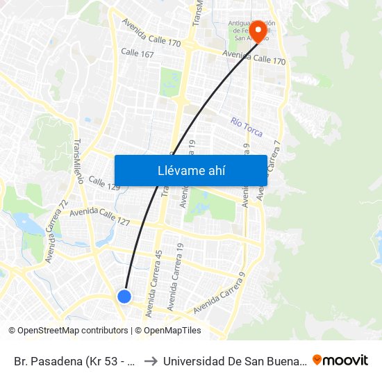 Br. Pasadena (Kr 53 - Cl 102) to Universidad De San Buenaventura map