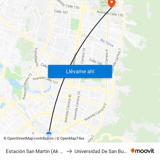 Estación San Martín (Ak 50 - Cl 86b) to Universidad De San Buenaventura map