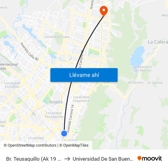 Br. Teusaquillo (Ak 19 - Ac 32) to Universidad De San Buenaventura map