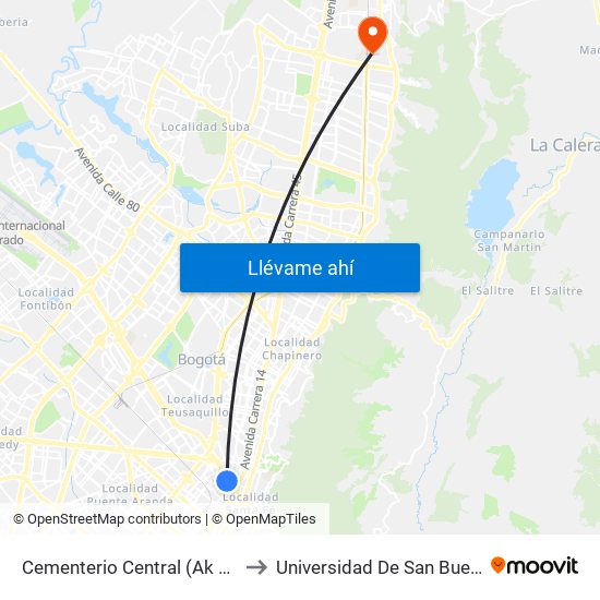 Cementerio Central (Ak 19 - Ac 26) to Universidad De San Buenaventura map