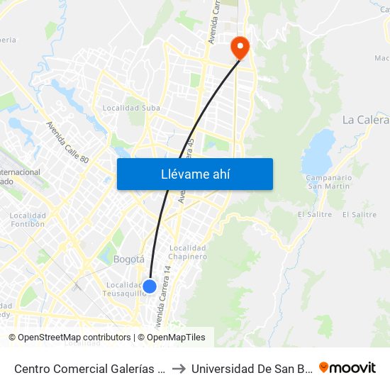 Centro Comercial Galerías (Ak 24 - Ac 53) to Universidad De San Buenaventura map