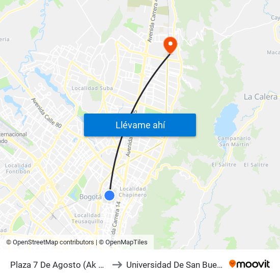 Plaza 7 De Agosto (Ak 24 - Cl 66) to Universidad De San Buenaventura map