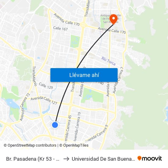 Br. Pasadena (Kr 53 - Cl 107) to Universidad De San Buenaventura map