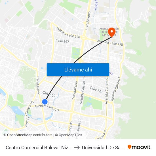 Centro Comercial Bulevar Niza (Av. Villas - Cl 127d) to Universidad De San Buenaventura map