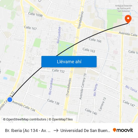 Br. Iberia (Ac 134 - Av. Boyacá) to Universidad De San Buenaventura map