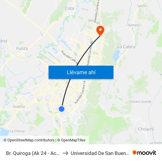 Br. Quiroga (Ak 24 - Ac 36 Sur) to Universidad De San Buenaventura map