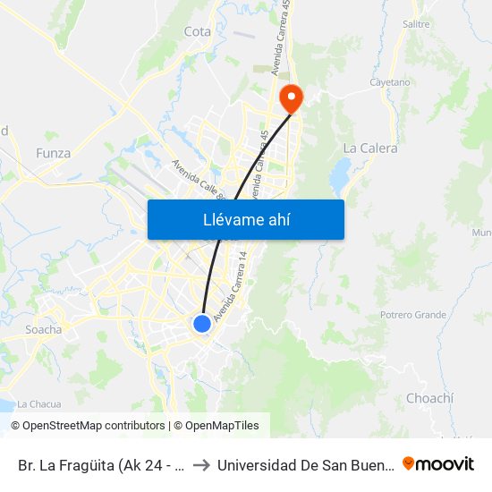 Br. La Fragüita (Ak 24 - Cl 7 Sur) to Universidad De San Buenaventura map