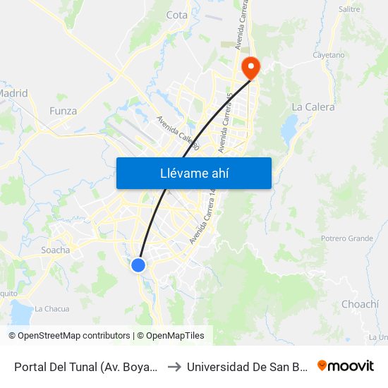 Portal Del Tunal (Av. Boyacá - Ak 24) (A) to Universidad De San Buenaventura map