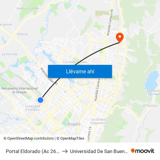 Portal Eldorado (Ac 26 - Tv 93) to Universidad De San Buenaventura map