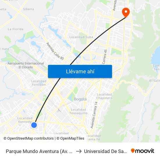 Parque Mundo Aventura (Av. Boyacá - Cl 2a Bis) (A) to Universidad De San Buenaventura map