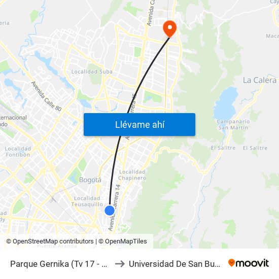 Parque Gernika (Tv 17 - Dg 46a) (A) to Universidad De San Buenaventura map