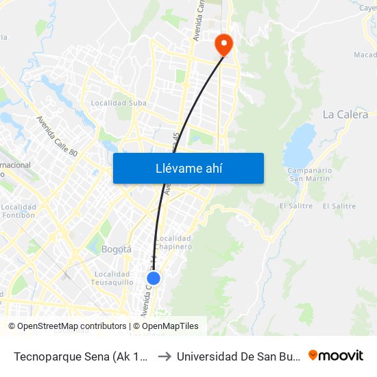 Tecnoparque Sena (Ak 13 - Cl 54) (A) to Universidad De San Buenaventura map