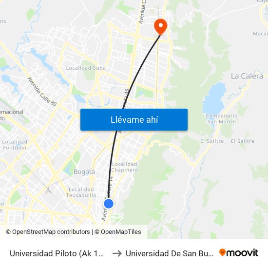 Universidad Piloto (Ak 13 - Cl 46) (A) to Universidad De San Buenaventura map