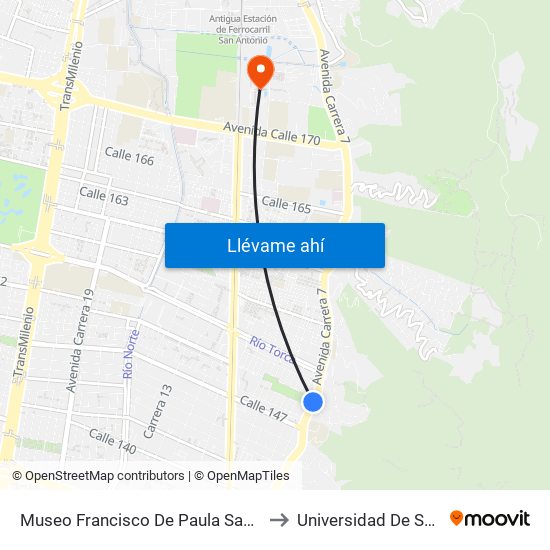 Museo Francisco De Paula Santander (Ak 7 - Cl 150) (A) to Universidad De San Buenaventura map