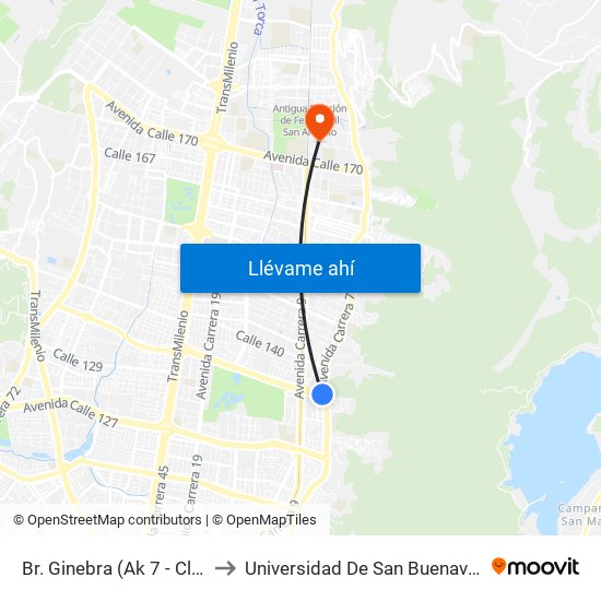 Br. Ginebra (Ak 7 - Cl 134) to Universidad De San Buenaventura map