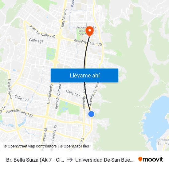 Br. Bella Suiza (Ak 7 - Cl 129) (A) to Universidad De San Buenaventura map