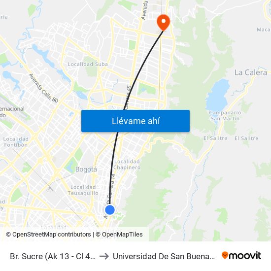 Br. Sucre (Ak 13 - Cl 40) (A) to Universidad De San Buenaventura map