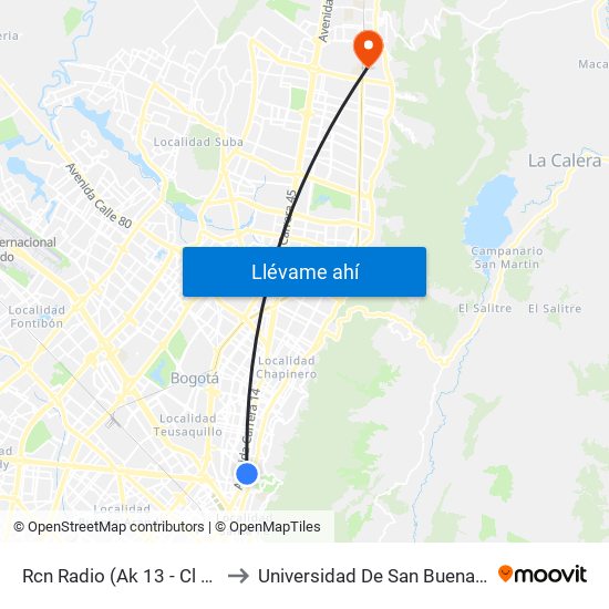 Rcn Radio (Ak 13 - Cl 38) (A) to Universidad De San Buenaventura map