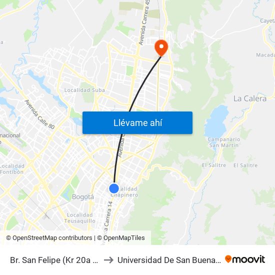 Br. San Felipe (Kr 20a - Cl 74) to Universidad De San Buenaventura map