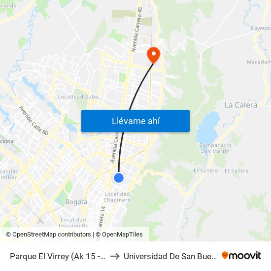 Parque El Virrey (Ak 15 - Cl 87) (A) to Universidad De San Buenaventura map