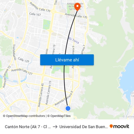 Cantón Norte (Ak 7 - Cl 104) (A) to Universidad De San Buenaventura map