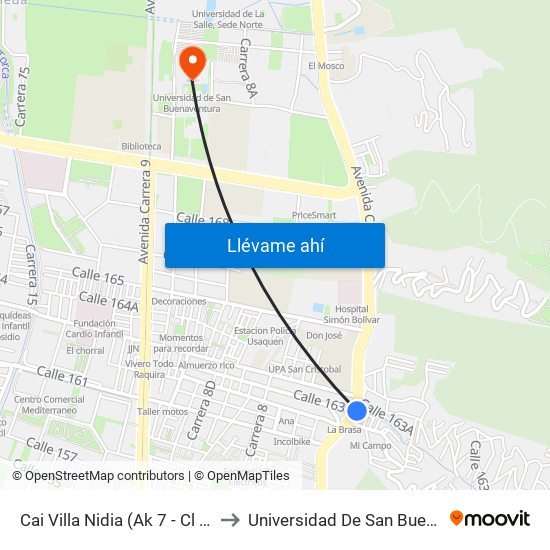 Cai Villa Nidia (Ak 7 - Cl 162a) (A) to Universidad De San Buenaventura map