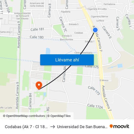 Codabas (Ak 7 - Cl 181a) (A) to Universidad De San Buenaventura map