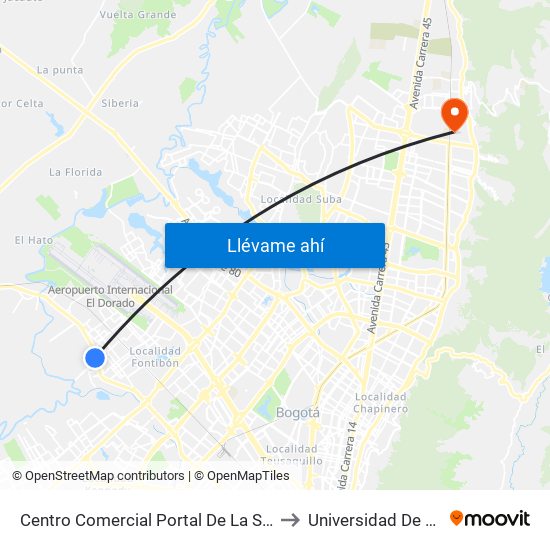 Centro Comercial Portal De La Sabana (Av. Centenario - Kr 106) to Universidad De San Buenaventura map