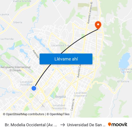 Br. Modelia Occidental (Av. Esperanza - Kr 81) to Universidad De San Buenaventura map