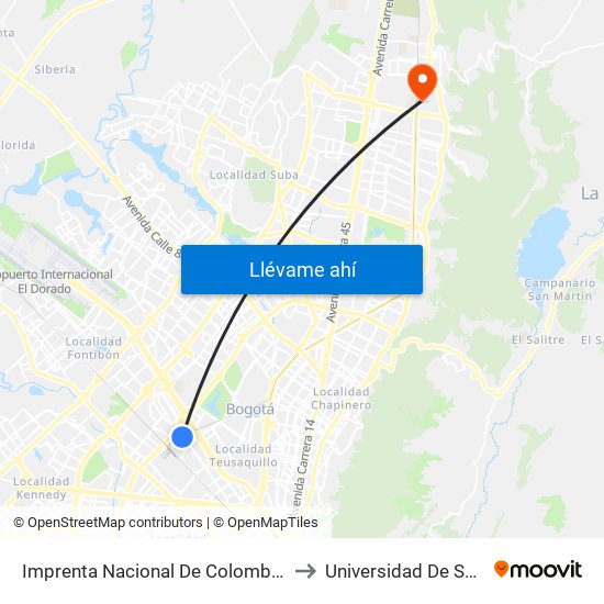 Imprenta Nacional De Colombia (Av. Esperanza - Kr 65) to Universidad De San Buenaventura map