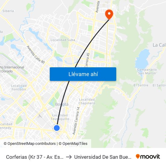 Corferias (Kr 37 - Av. Esperanza) to Universidad De San Buenaventura map