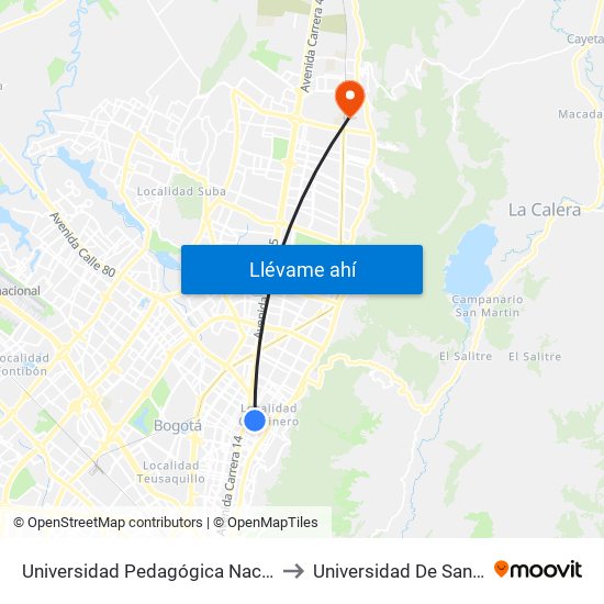 Universidad Pedagógica Nacional (Ac 72 - Ak 11) to Universidad De San Buenaventura map