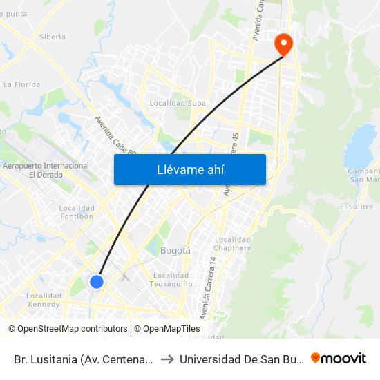 Br. Lusitania (Av. Centenario - Ak 68d) to Universidad De San Buenaventura map