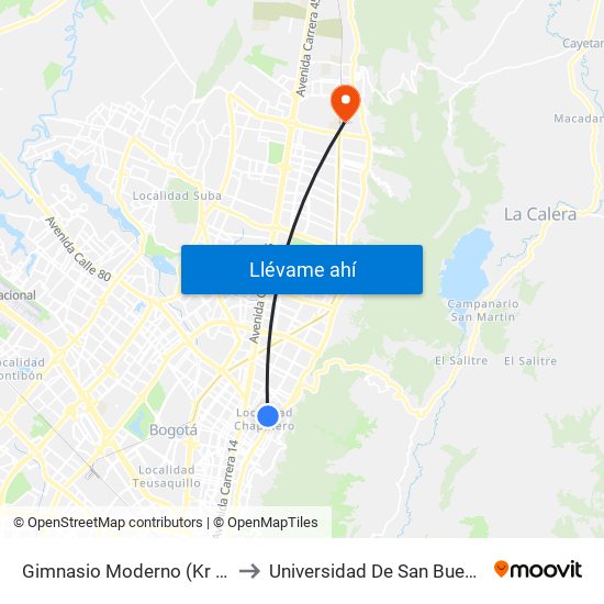 Gimnasio Moderno (Kr 9 - Cl 76) to Universidad De San Buenaventura map