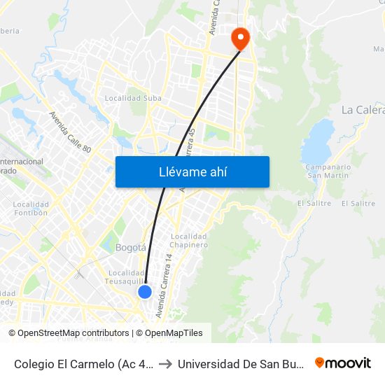 Colegio El Carmelo (Ac 45 - Kr 25a) to Universidad De San Buenaventura map