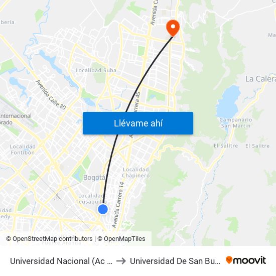 Universidad Nacional (Ac 45 - Kr 27a) to Universidad De San Buenaventura map