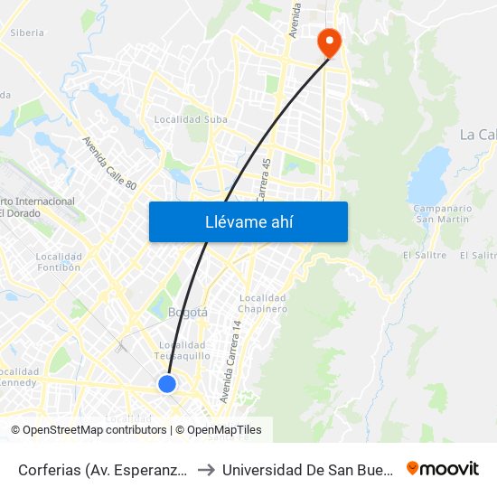 Corferias (Av. Esperanza - Kr 37) to Universidad De San Buenaventura map